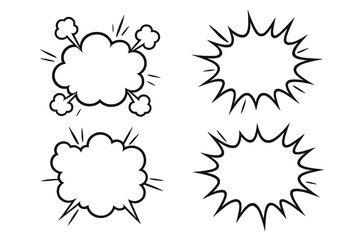 Comic speech bubble and explosion burst set. Cartoon pop art clouds for text and dialogue. Manga style boom, pow, and bang effects. Vector illustration for surprise or action.