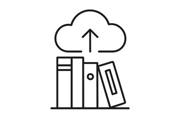 Online digital library concept. Books uploading to cloud storage. E-learning, modern education, and data backup service. Digital archive. Vector thin line icon illustration.
