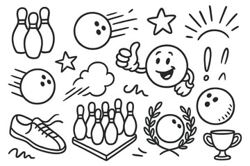 Set of bowling doodles. Hand drawn sketch collection of fun cartoon elements. Vector illustration of bowling ball, pin, shoe, and trophy for sports design and game enthusiasts.
