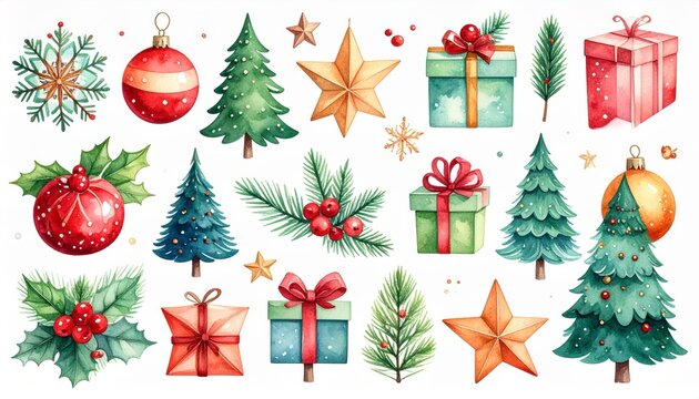 Set of christmas watercolor elements. Holidays clipart for christmas card sticker and print. Festive season graphic resource. hand drawn winter holiday image for craft project