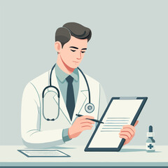 Focused Doctor in White Coat Filling Out Medical Forms on Desk