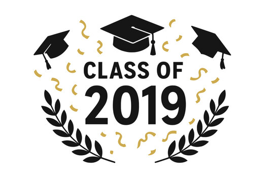 Class of 2019, 2024, 2025 graduation logo. Congrats grad design with cap, tassel and laurel wreath. Vector for party invitation, banner. Academic celebration symbol.
