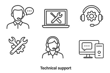Modern technical support line art icon set with headset, tools, computer, and chat bubbles. Customer service, IT helpdesk, troubleshooting, online assistance vector illustration