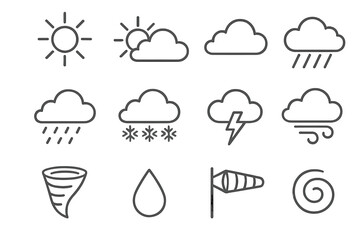 Weather line icon set. Meteorology forecast symbols collection. Sunny, cloudy, rain, snow, storm, wind, tornado. Editable stroke vector illustration for web and mobile apps.