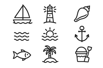 Summer beach and sea line icon set. Editable stroke vector symbols for vacation, travel and nautical themes. Sailboat, lighthouse, anchor, shell, fish, palm tree, island, sun.
