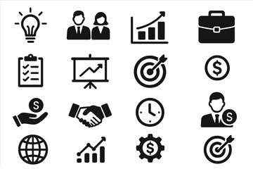 Business and Finance Icon Set Vector Illustration, Transparent Background, Includes Growth Charts, Money Symbols, Handshake, Target, Clock, People and Globe Icons for Corporate Use
