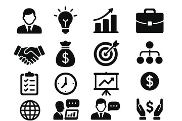 Business icons set vector illustration with transparent background, including icons for leadership, ideas, growth, finance, teamwork, target, schedule, communication, and global concepts