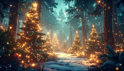 Fototapeta premium Magical forest with christmas trees and glowing lights. Festive woodland scene bright illumination holiday pine winter season calm nature.