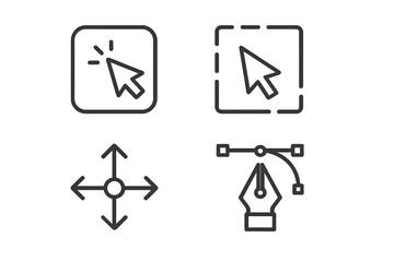 Vector icon set of graphic design cursors. Selection arrow, click pointer, move tool, and pen tool drawing a bezier curve. Fully editable stroke line art for UI and UX design kit.