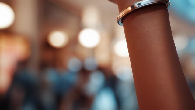 Elegant bracelet with builtin contactless payment capability captured on a graceful wrist while the surrounding environment stays softly blurred to draw attention.
