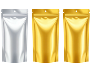 Three metallic-foil pouches, featuring a zipper closure
