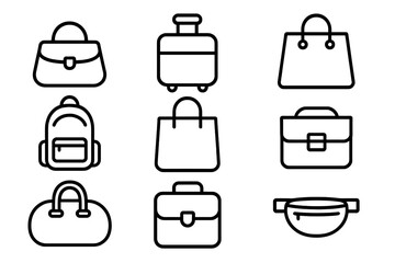 Editable Vector Line Art Icon Set with Transparent Background, Non-Outlined Stroke Design, Diverse Bag and Luggage Symbols, Modern Minimalist Editable Line Icons, Business and Travel Themes