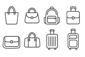 Editable Line Art Vector Icons Set of Various Bags and Luggage, Outline Style, Transparent Background, Editable Stroke Lines, Travel and Fashion Accessories Vector Illustrations for Commercial Use