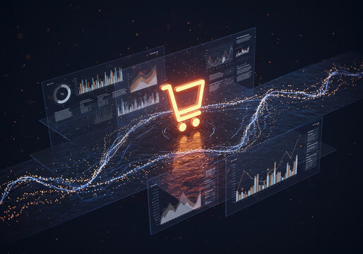 Digital shopping cart on abstract network with data analytics
