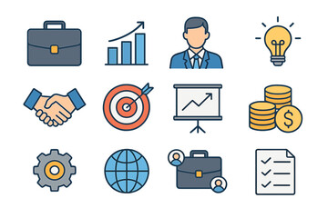 Business and finance vector icon set with briefcase, growth chart, businessman, light bulb, handshake, target, presentation, money, gear, globe, networking, and checklist symbols