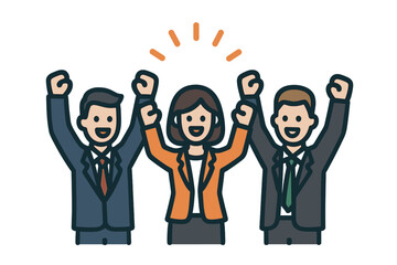 Happy business team celebrating success. Cheering people with arms up. Teamwork achievement and partnership concept. Vector trendy filled outline icon illustration design.