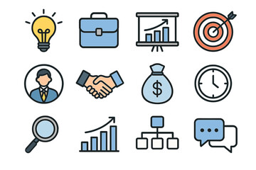 Business and Finance Icon Set with Light Bulb, Briefcase, Growth Chart, Target, Handshake, Money Bag, Clock, Magnifying Glass, Organizational Chart and Chat Bubbles Vector Illustration