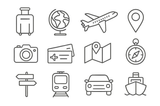 Travel icons set vector illustration with suitcase globe airplane location pin camera plane tickets map compass directional sign train car ship transportation symbols