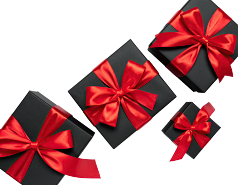 Black gift boxes with red ribbons