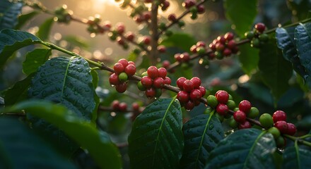 Coffee cherries ripening on a branch with morning dew and golden sunlight, highlighting natural growth and freshness.