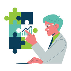 Businessman Analyzing Growth Chart on Puzzle Pieces Illustration