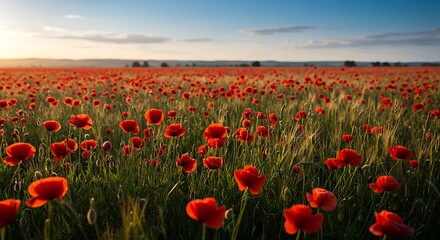 Obraz premium Vibrant red poppy meadow basks in the warm glow of sunset serenity