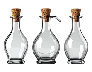 Three clear glass bottles with cork stoppers