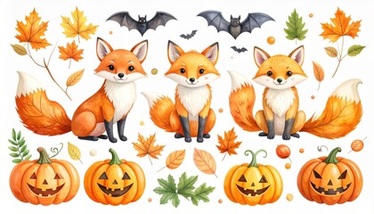 Fototapeta premium Hand painted watercolor foxes with Halloween pumpkins scary jack o lantern faces bats witch hats and autumn foliage. Adorable woodland animals clipart set. Collection of illustrations.
