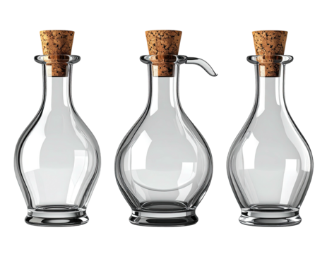 Three clear glass bottles with cork stoppers