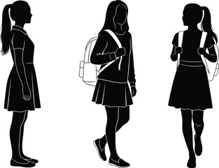 cad drawing flat vector illustration school girls silhouette front side walking standing poses with backpack uniform dress student character design