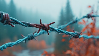 Obraz premium Close-up of rusty barbed wire glistening with droplets, blurred forest background