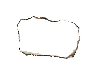 Agujero rectangular en papel quemado con bordes chamuscados sobre fondo transparente