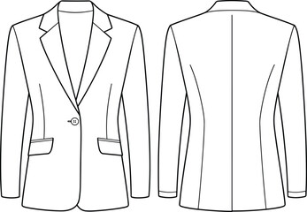 cad drawing flat vector illustration technical fashion design front and back classic blazer jacket template with lapel collar pockets button details
