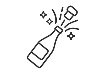 Champagne bottle pop icon with bursting cork. Vector line illustration for celebration, success, new year. Symbol of achievement, holiday party, anniversary, wedding, victory.