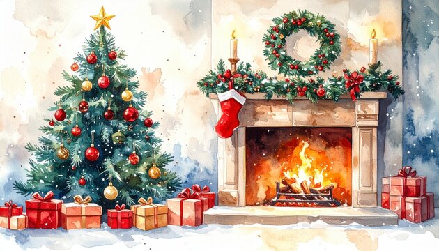 Festive watercolor posters with elegant ornaments Christmas tree fireplace and New Year decor for 2026. Ideal for holiday cards invitations or seasonal displays. Charming xmas artistic
