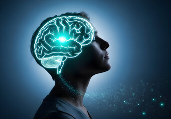Obraz premium Brain Power and Mental Energy: Luminous Human Brain with Golden Light Flow - Intelligence, Creativity, Thought, and Potential