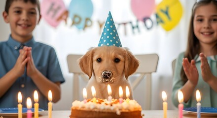 a puppy with birthday cake