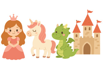 Whimsical fairy tale princess with crown, magical unicorn, friendly green dragon, and medieval castle with red flags, cartoon vector set for children’s fantasy storybook illustrations