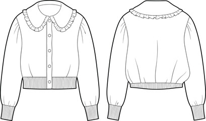 cad drawing flat vector illustration technical fashion design front and back women blouse template with ruffle collar button ribbed hem details