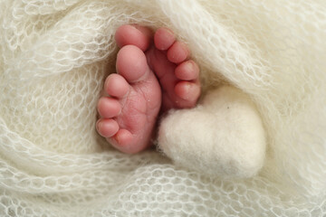 Soft feet of a new born in a white wool blanket. Close up of toes, heels and feet of a newborn. Knitted white heart in the legs of a baby. Macro photography.The tiny foot of a newborn baby