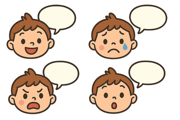 Cute boy face expressions cartoon set with speech bubbles. Kids emotional learning vector icons. Happy, sad, angry, surprised child faces. Child psychology and feelings concept.
