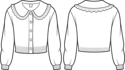 cad drawing flat vector illustration technical fashion design front and back women blouse template with scallop collar button and rib details