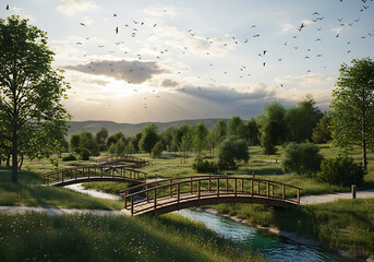 flying birds over a peaceful park with wooden bridge flowing stream and green grass