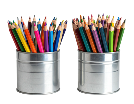 Two metal tin containers filled with colorful pencils