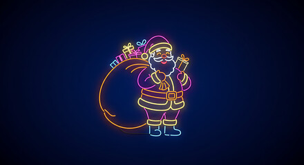 Neon Santa's Festive Delivery: A vibrant, neon Santa Claus, radiating holiday cheer, carries a bulging sack brimming with gifts, embodying the spirit of generosity and the excitement of Christmas.