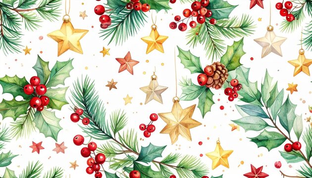 Christmas pattern with confetti of stars berries and green branches watercolor holiday print on white background. Festive season design star fruit leaf decor hand painted xmas image