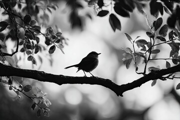Obraz premium A small bird perches serenely on a branch surrounded by leaves, in black and white
