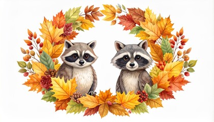 Naklejka premium Charming watercolor autumn wreath featuring a raccoon and owl surrounded by fall foliage isolated on white background isolated on white background. Cute animal frame hand painted leaf