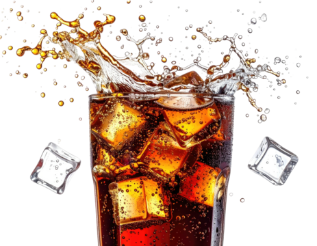 Splashing soda with ice cubes