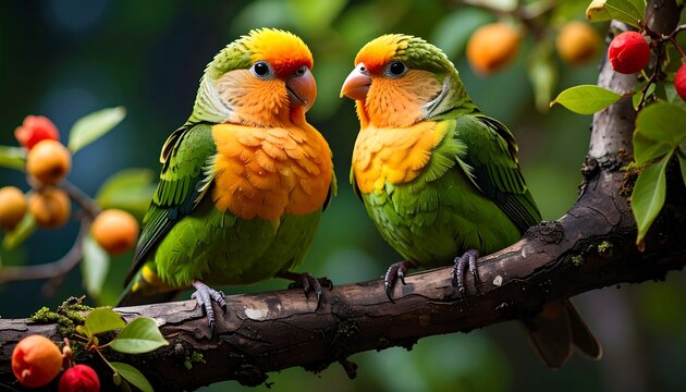 Two colorful parakeets perched on a branch laden with fruit